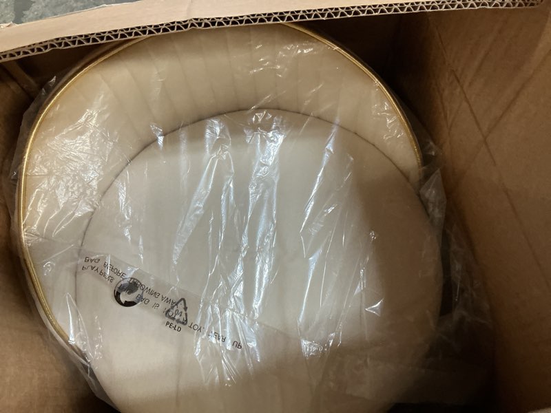 Condition photo showing New/Like New for round storage ottoman, upholstered velvet vanity stool with lumbar support, swivel rolling wheels, small foot stools coffee table padded seat for makeup room, living room, bedroom beige