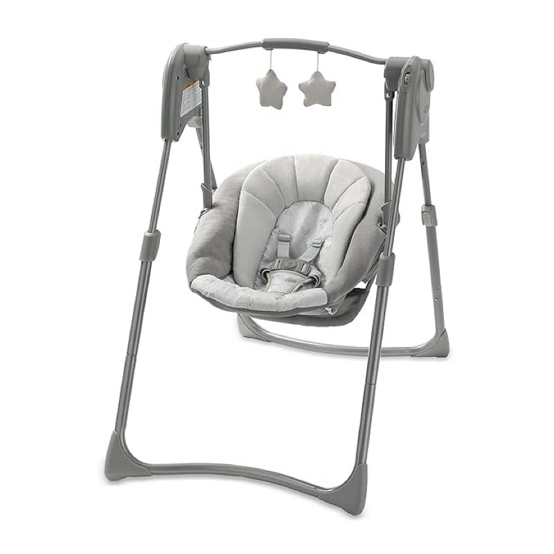 Graco Slim Spaces Compact Baby Swing, Space Saving Portable Bay Swing with Height Adjustable Legs & Soft Toys, Reign