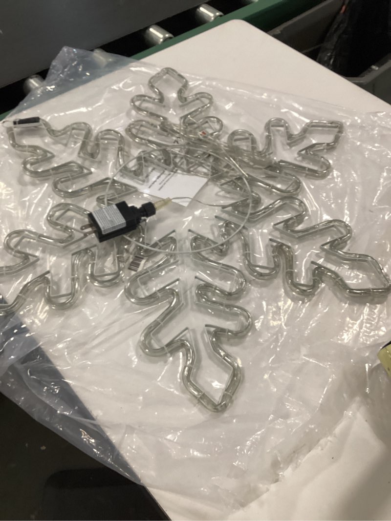 Condition photo showing As Is for DBFAIRY 27" Christmas Big Snowflake Hanging Lights Outdoor Christmas Lights Plug in Window Snowflake Sculpture Light with Long 16.8ft Leading Cable for New Year Wall Window Porch Decor Warm White-27"