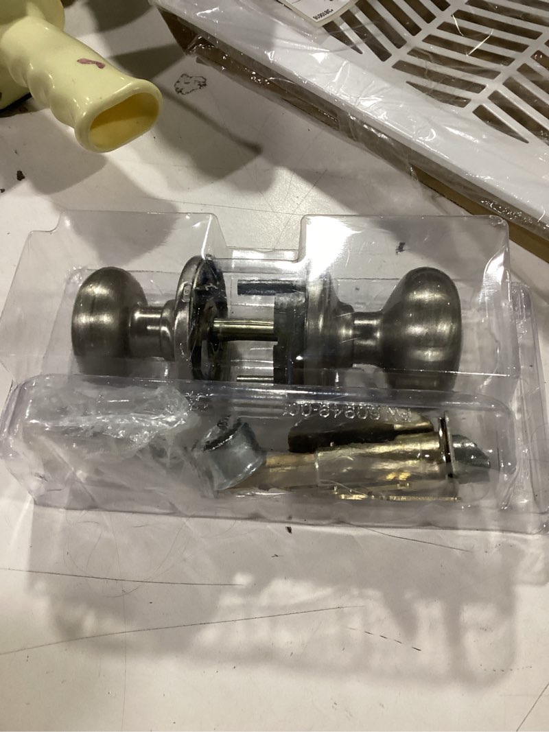 Condition photo showing As Is for Kwikset Signature Series Juno Satin Nickel Exterior Single-Cylinder Deadbolt and Keyed Entry Door
