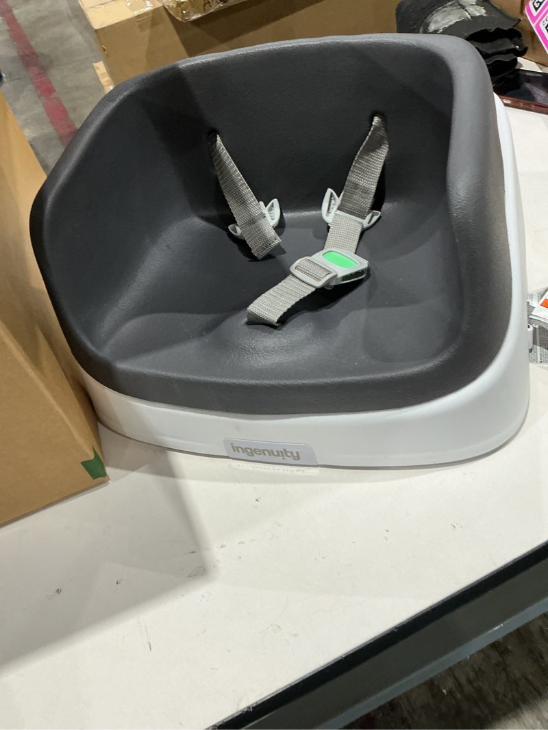 Condition photo showing As Is for ingenuity smartclean toddler booster seat for kitchen chair – lightweight for on-the-go, easy-clean, 3-point harness strap – booster seat for dining table, slate