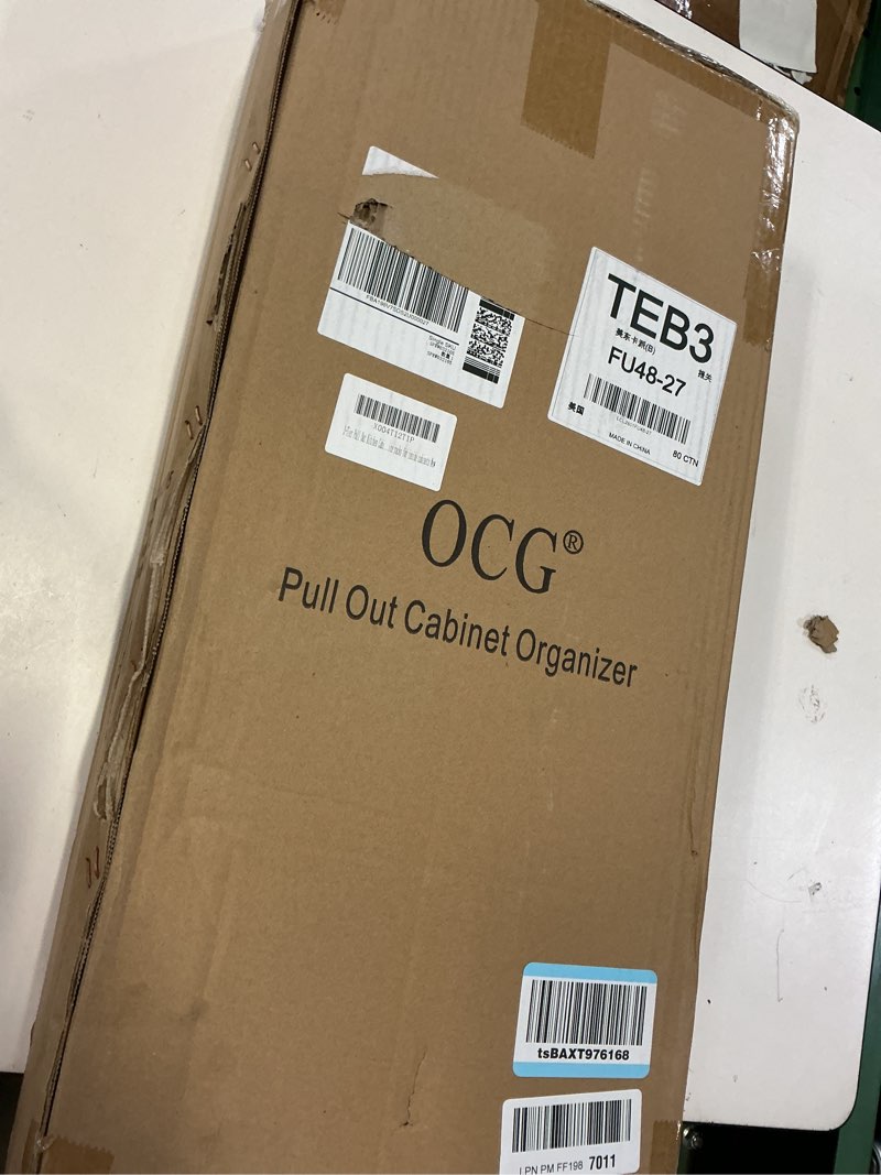 Condition photo showing New/Like New for ocg 5" pull-out solid wood storage organizer for base cabinets, soft close 3 tier narrow pull-out wooden storage rack for spices, utensils, and kitchen tools 5" w x 22" d wood (3 tier)