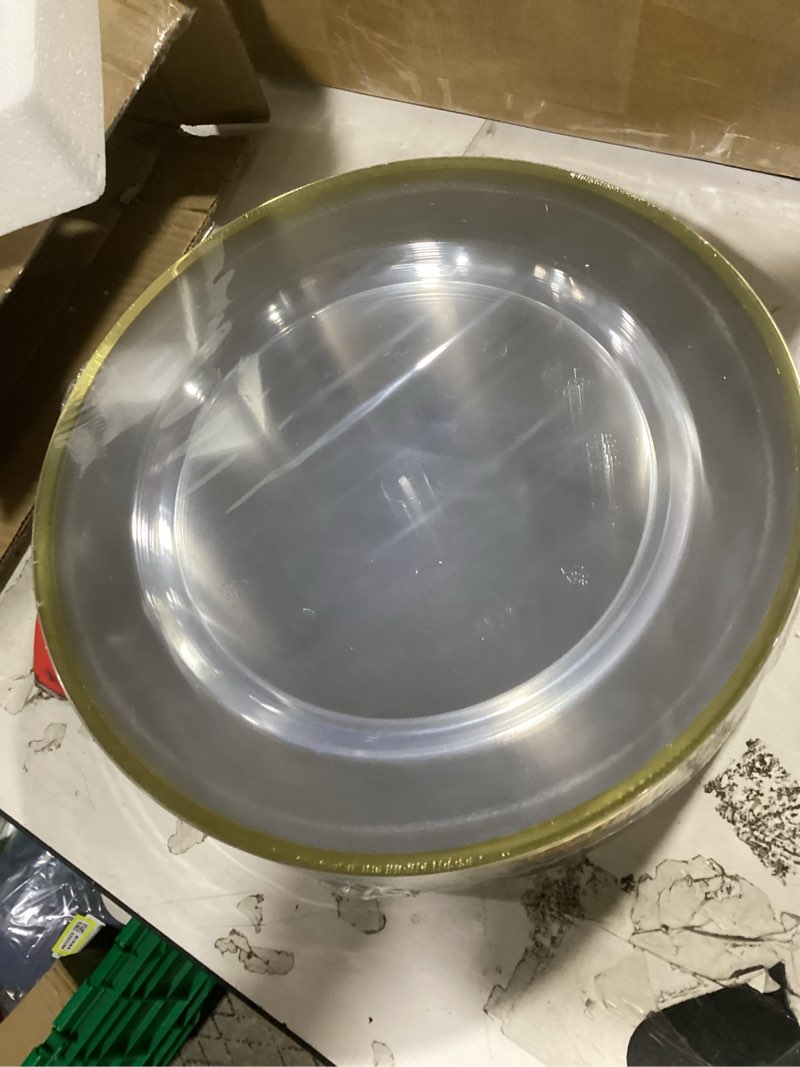 Condition photo showing New/Like New for goodluck 12 inch charger plates, 50 pack clear charger plates with gold trim, plastic charger plate bulk for dinner, wedding, party, event decoration, clear&gold gold rim 50 pack