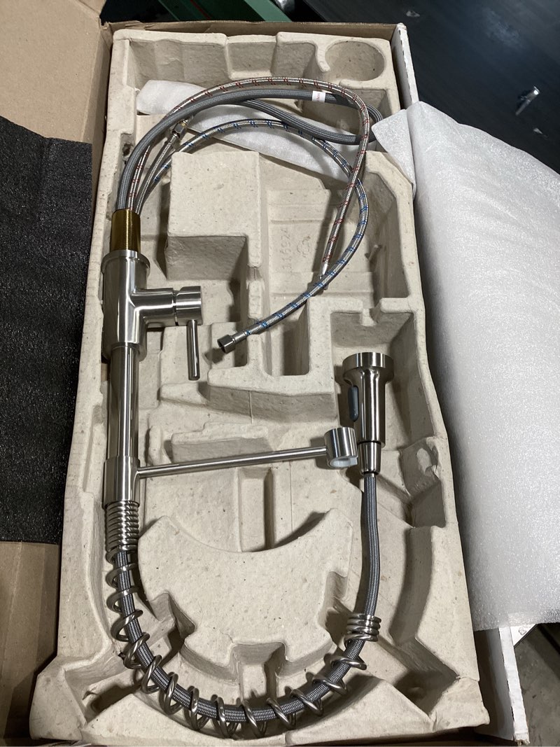 Condition photo showing Good Condition for delta theodora pro style commercial kitchen faucet with pull down sprayer, brushed nickel single hole kitchen sink faucet, single handle, spotshield stainless 18804z-sp-dst