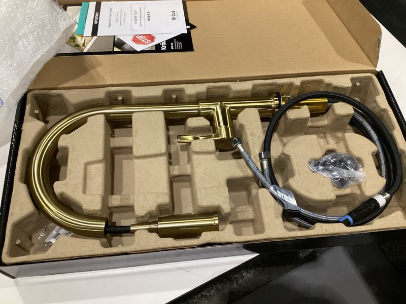 Condition photo showing Good Condition for KRAUS Torak Pull Down Kitchen Faucet in Spot-Free Brushed Brass with 2 Function Sprayer, Pre-Attached Water Lines, and Mounting Hardware, KPF-2841SFBB
