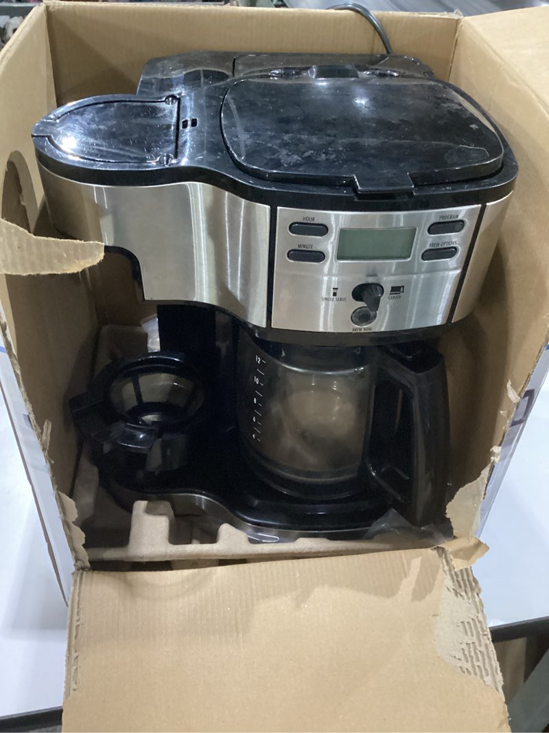 Condition photo showing As Is for hamilton beach 2-way 12 cup programmable drip coffee maker & single serve machine, glass carafe, auto pause and pour, black (49980r), not tested, used