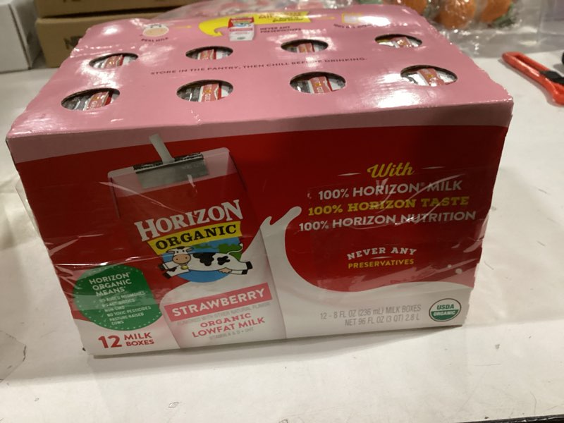 Condition photo showing Good Condition for Horizon Organic Shelf Stable 1% Lowfat Strawberry Milk Boxes, 8 fl oz, 12 Count - 8g Protein per Serving, USDA Organic UHT from Pasture-Raised Cows, Ready to Drink for Lunchbox, Travel, or On-the-Go, No Refrigeration Needed Strawberry 8 Fl Oz (Pack of 12)
