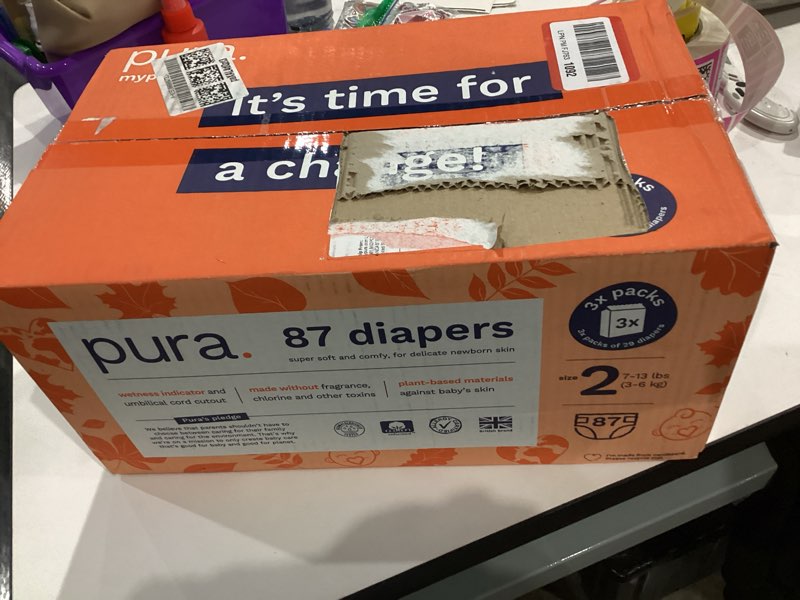 Condition photo showing Good Condition for Pura Hypoallergenic Diapers, Size 2 (7-13 lbs) Totally Chlorine Free, Wetness Indicator, Suitable for Sensitive Skin, Soft Organic Cotton, Overnight, 3 Packs of 29 (87 Baby Diapers) Size 2 87