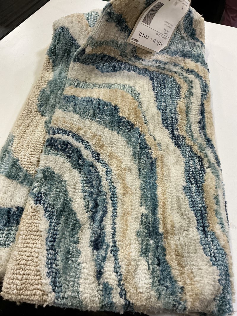 Condition photo showing As Is for allen + roth coastal tides 1-1/2 x 2-1/2 blue indoor geometric area rug