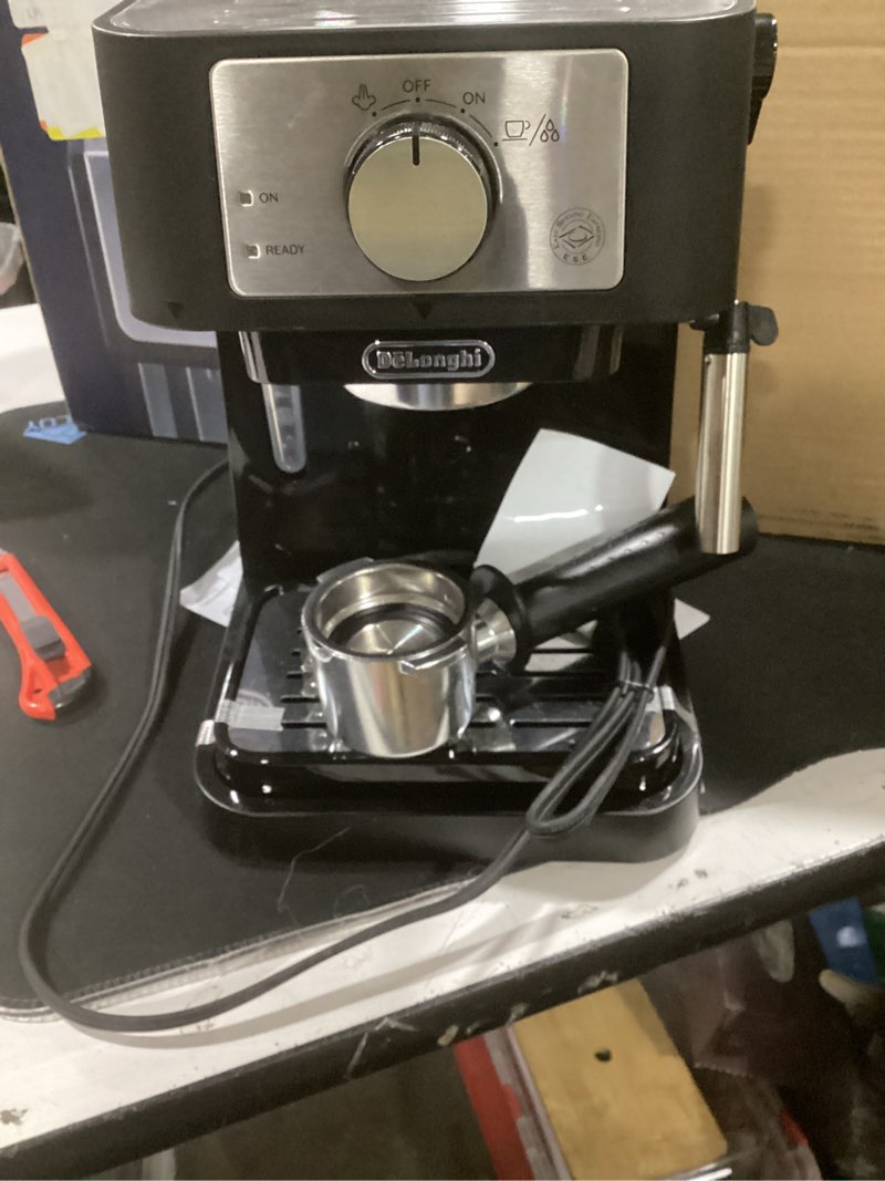 Condition photo showing As Is for de'longhi stilosa manual espresso machine, compact coffee maker, 15 bar pump pressure, manual milk frother steam wand for authentic single & double espresso, lattes & cappuccinos, tamper included stliosa espresso machine