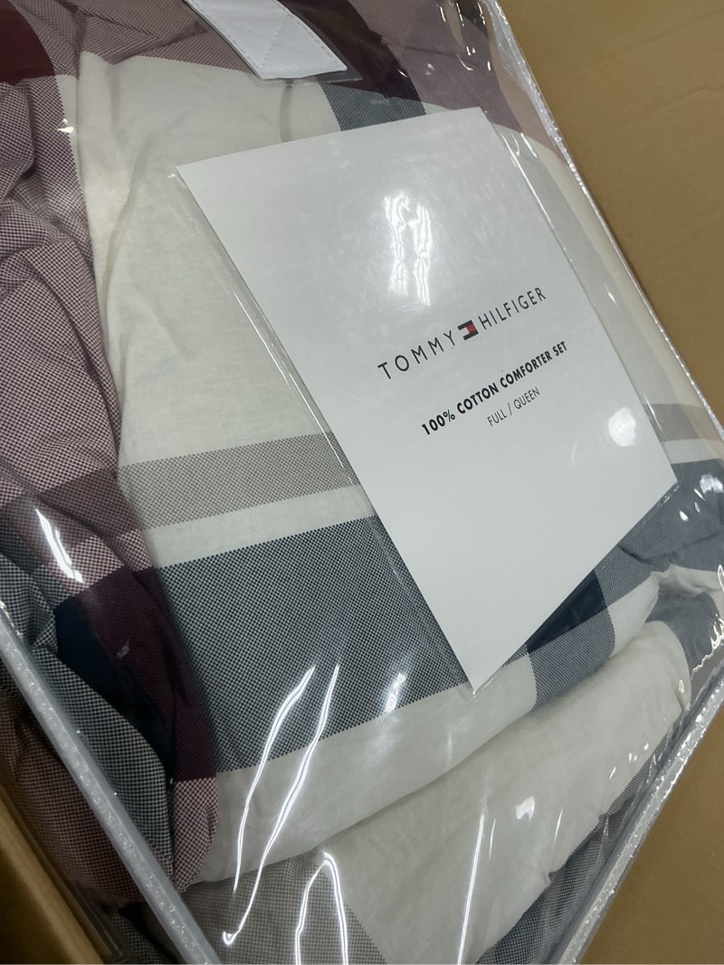 Condition photo showing Good Condition for Tommy Hilfiger - Full/Queen Comforter Set, Cotton Textured Bedding with Matching Shams, Medium Weight Bed Set, Oeko-TEX Certified (Waterbury Plaid Blue) Queen Waterbury Plaid Blue