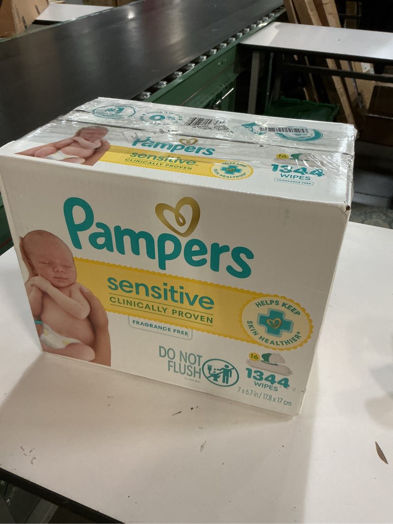 Condition photo showing New/Like New for Pampers Baby Wipes, Sensitive, Water Based Wipe, Clinically Proven, Hypoallergenic, and Unscented for Babies, 1344 Wipes Total (16 Flip-Top Packs) [Packaging May Vary] 84 Count (Pack of 16)