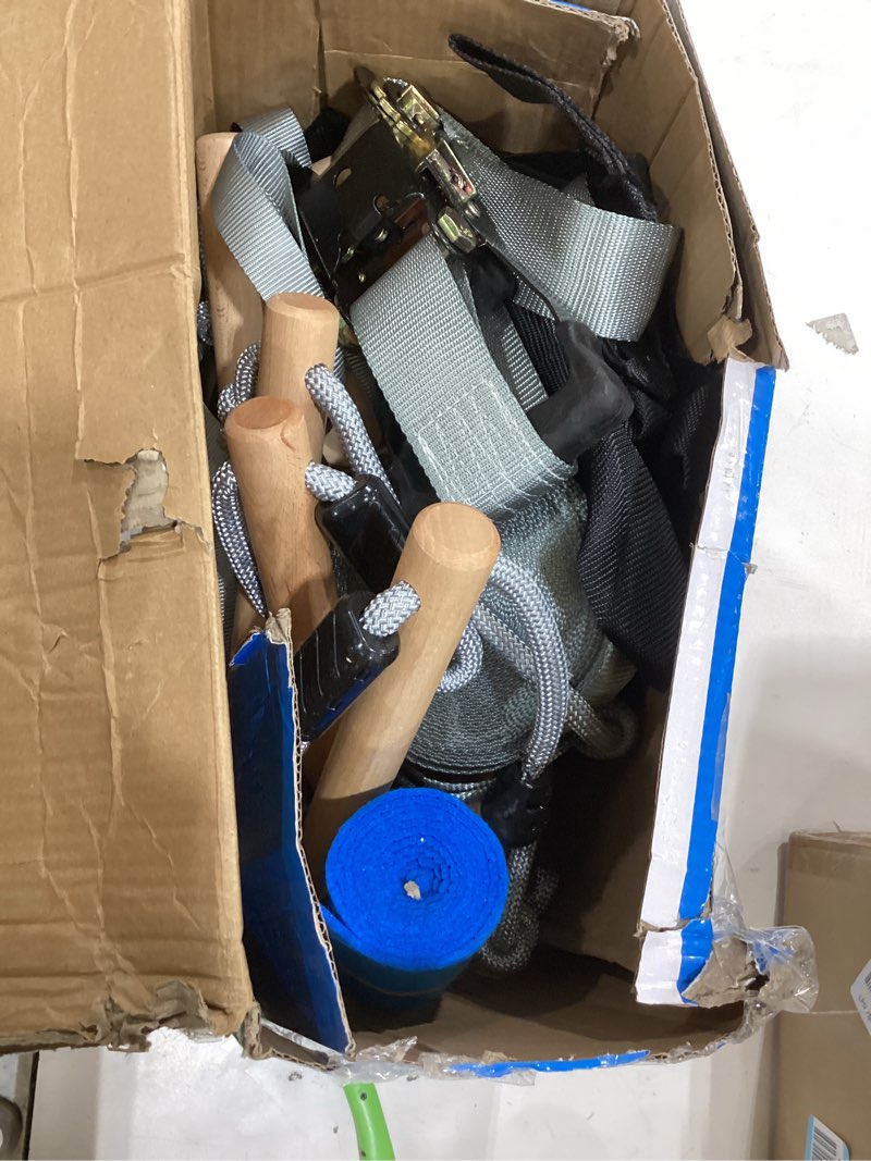 Condition photo showing Good Condition for Ninja Warrior Obstacle Course for Kids – 2 x 50 ft Slacklines with 10 Weatherproof Obstacles – Monkey Net, Ratchet-Tight Technology, Supports Up to 880 lbs – Climbing & Swinging Equipment 2 x 50' + 10 Obstacles Grey