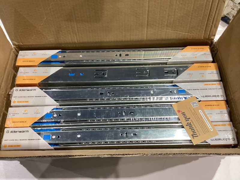 Condition photo showing New/Like New for goldenwarm Soft Close Heavy Duty Drawer Slides 18 Inch, 10 Pairs 100lb Load Capacity Ball Bearing Drawer Glides, 3-Section Full Extension Side Mount Rails for Kitchen, Office, Workshop Cabinet 18 Inch 10