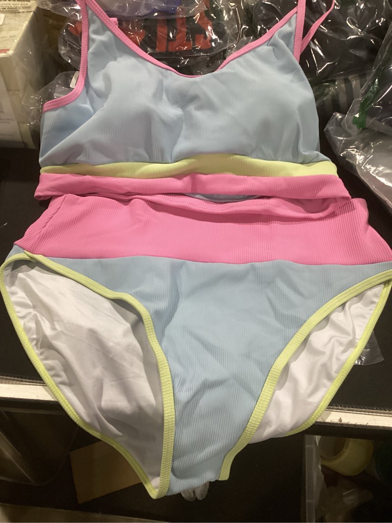 Condition photo showing Good Condition for herseas womem 2 piece high waisted bikini sets color block popular swimsuits 2026 summer beach swim best bathing suits x-large blue pink colorblock