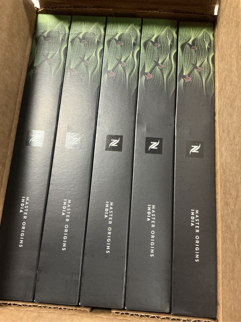 Condition photo showing New/Like New for ( best by 01/31/26 ) nespresso capsules original line, india master origin, dark roast coffee, 50 count coffee pods india master origin 10 count (pack of 5)