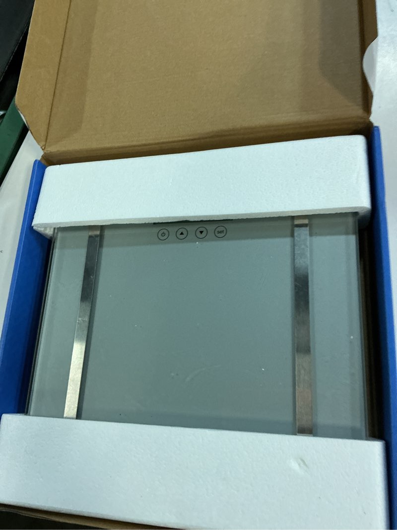 Condition photo showing As Is for etekcity digital body weight bathroom scale, large blue lcd backlight display, high precision measurements,6mm tempered glass, 400 pounds silver ?11.9 x 11.9 inches