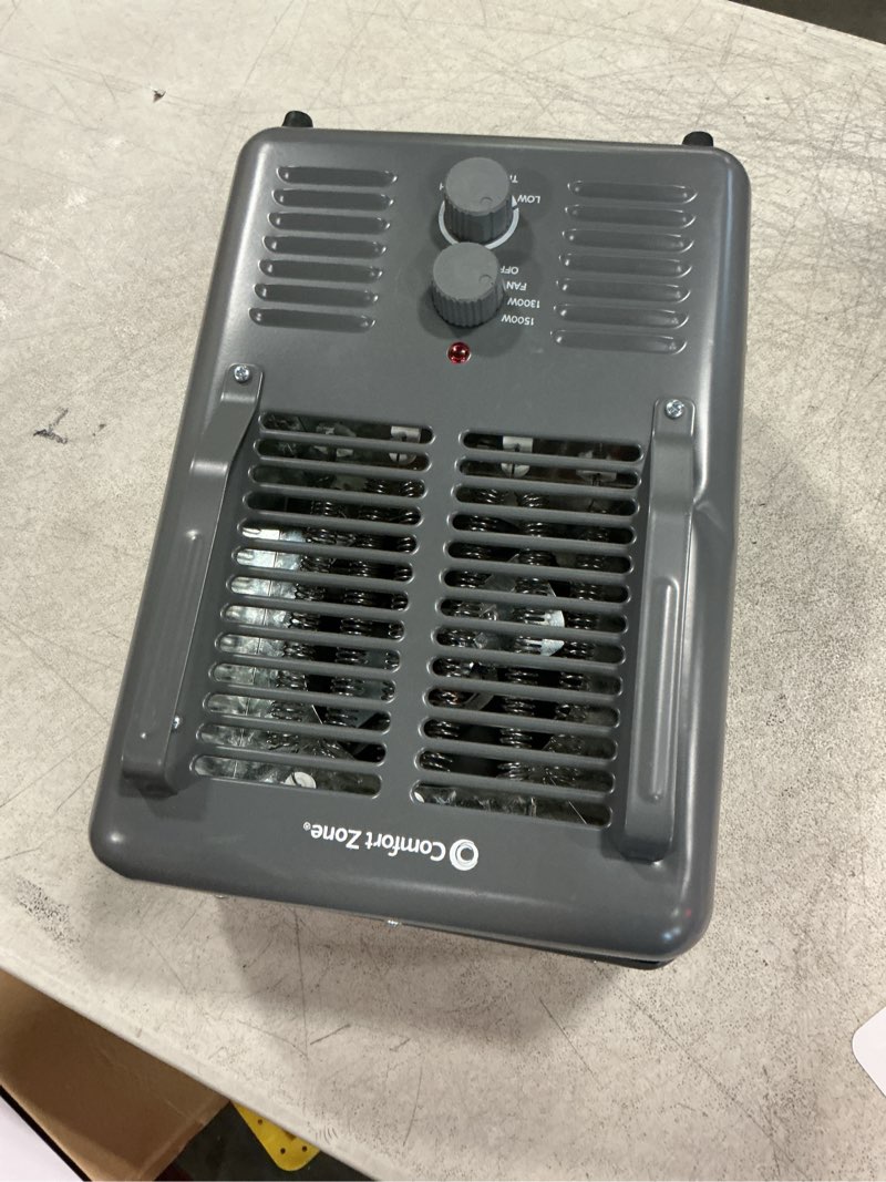 Condition photo showing Good Condition for comfort zone milkhouse style utility space heater with adjustable thermostat, electric, portable, 3-prong plug, overheat protection, & tip-over switch, ideal for garage or workshop, 1,500w, cz798gr3 gray