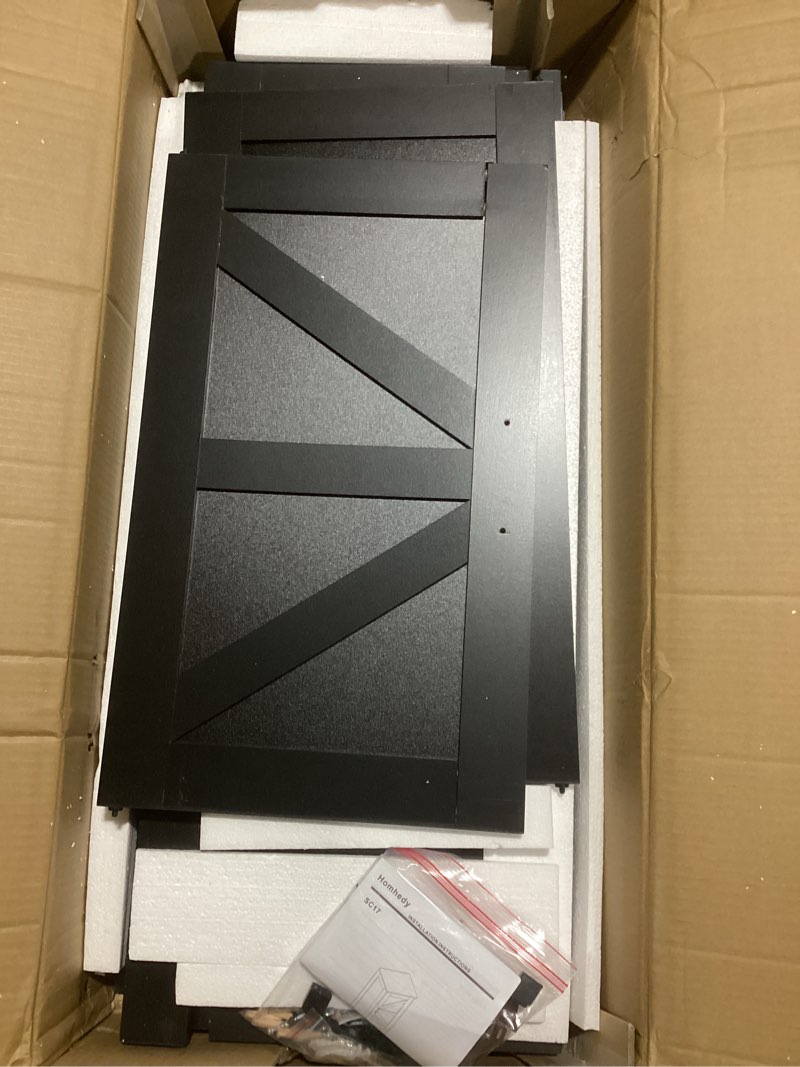 Condition photo showing As Is for Homhedy 67" H Tall Bathroom Storage Cabinet with 2 Barn Doors and 1 Drawer, Narrow Storage Unit, Adjustable Shelves, Floor Cabinet for Bathroom, Living Room, Entryway, Kitchen, Black, (15.7" W) 11.8"D x 15.7"W x 66.9"H Black