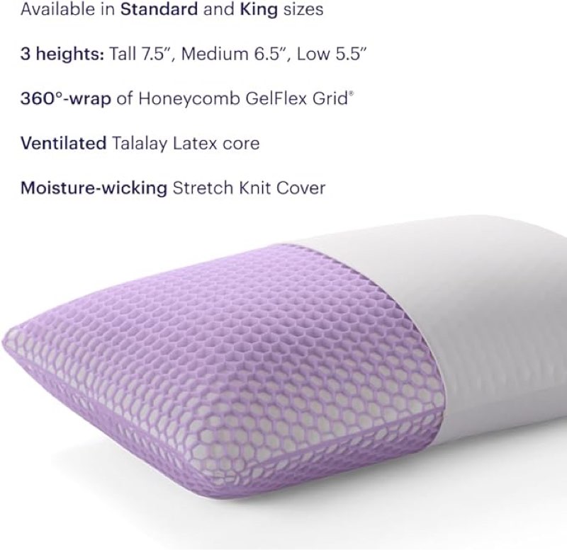 Purple Harmony Pillow - Standard - Medium, Greatest Pillow Ever Invented, 360º Hex Grid & Talalay Latex Core - No Pressure Support, Stays Cool, Luxurious Comfort