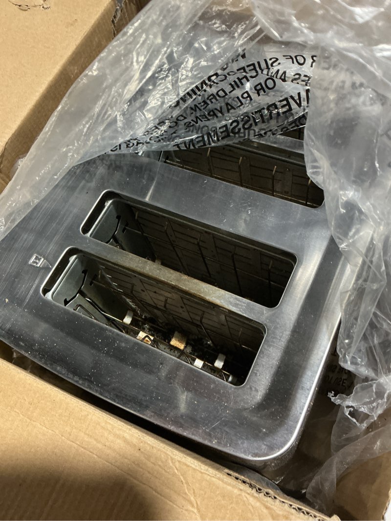 Condition photo showing As Is for Cuisinart 4 Slice Compact Stainless Steel Toaster with Extra-Wide Slots for Bread, French Toast, Bagels & Pastries, Defrost & Reheat Functions, CPT-180P1, Brushed Stainless, Removable Crumb Tray