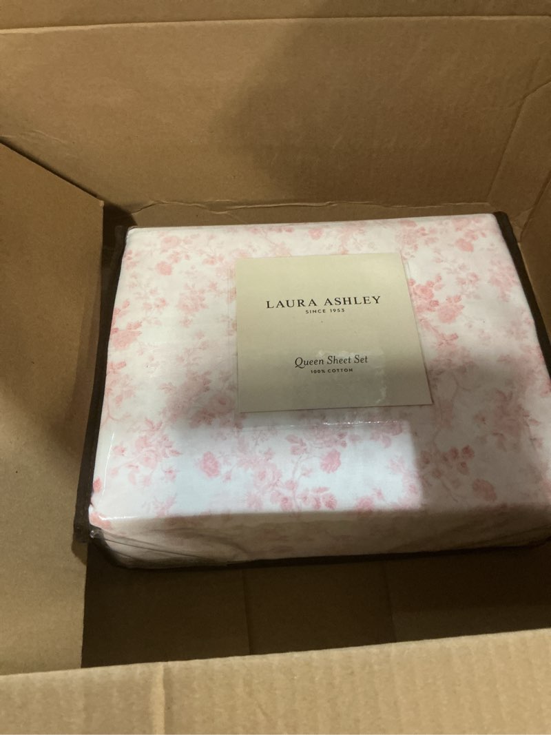 Condition photo showing As Is for laura ashley - queen comforter set, reversible cotton bedding with matching shams, medium weight for year round use, oeko-tex certified, coquette room decor (delphine mauve pink) queen delphine mauve pink (sheet set only)