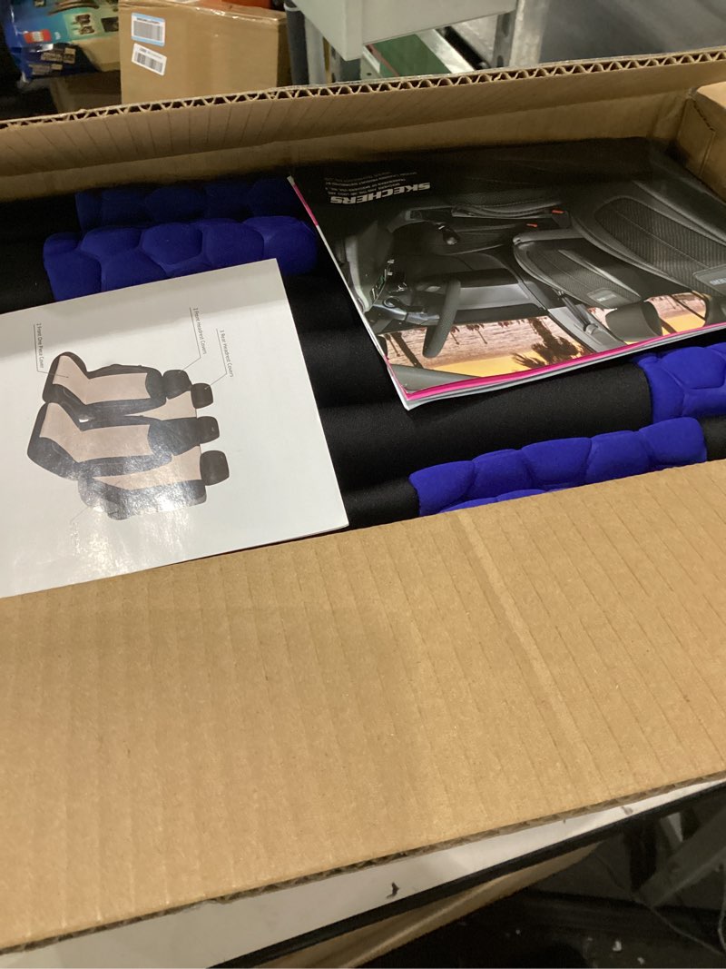 Condition photo showing New/Like New for skechers memory foam™ car seat cover full sets, hexcomb breathable thick seat covers, airbag compatible, automotive comfort & protection for most cars,van,trucks, suvs (blue,full set) full set seat covers black and blue