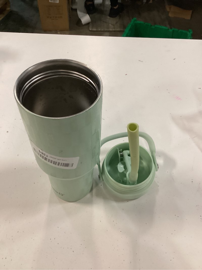 Condition photo showing As Is for ello oasis go+ 26oz tumbler with top handle and retracting straw | reusable insulated stainless steel cup, 100% leakproof water bottle, 24 hours cold, cup holder friendly for travel | jadeglow 26 ounces jadeglow