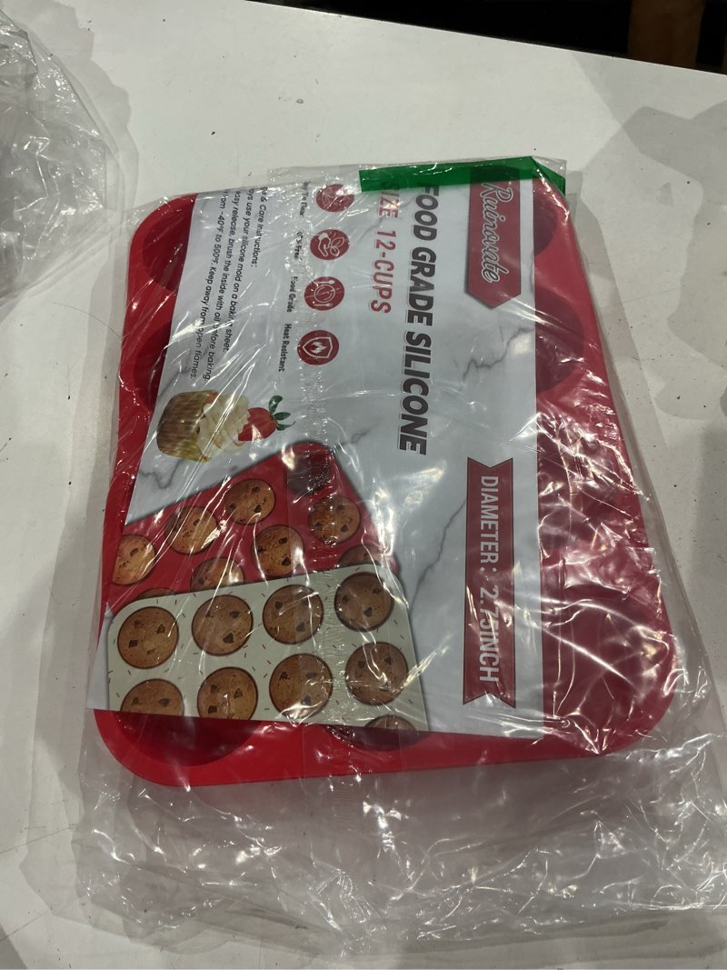 Condition photo showing New/Like New for redfly 2 pack silicone muffin pans for baking & cupcake pan - 12 cup regular size silicone molds, bpa free egg bites mold red 2pcs: 12-cup regular