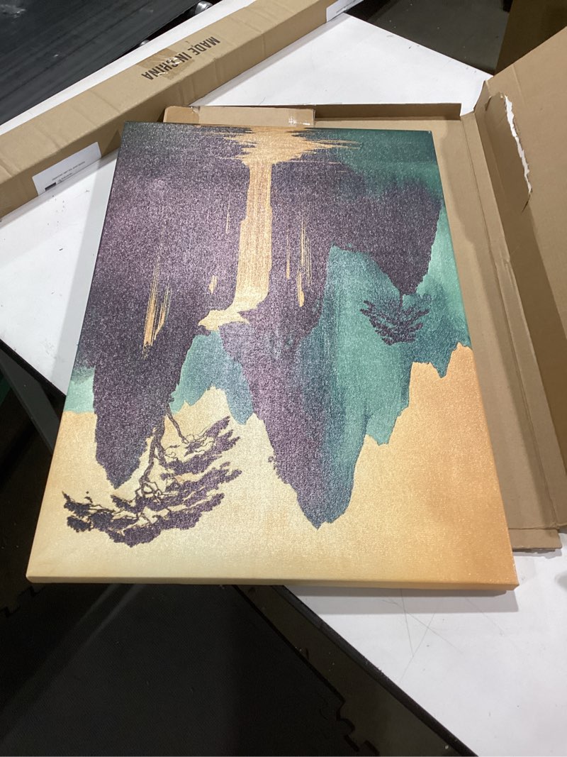 Condition photo showing As Is for Framed Mountains Waterfall Oriental Landscape Green Gold Picture Wall Art Decor Canvas Print Modern Asian Zen Poster Gallery Bedroom Living Room Office 16x24 Inch Ready to Hang Green Gold Mountains 24"L x 16"W