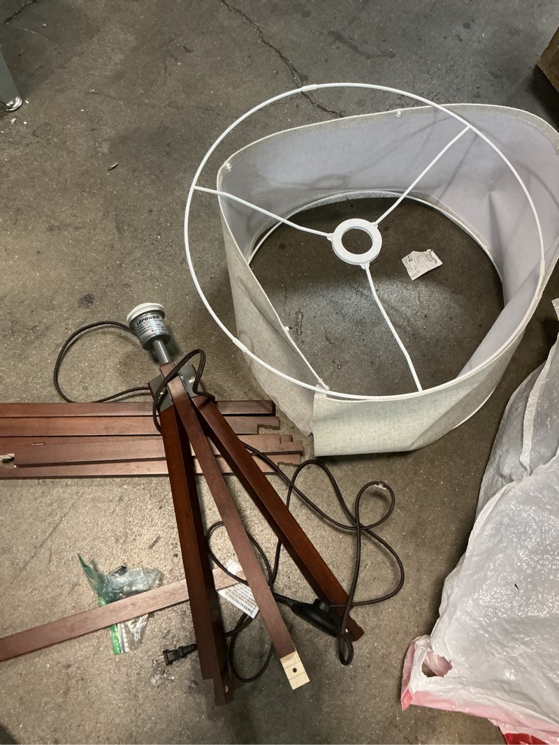 Condition photo showing As Is for LEPOWER Wood Tripod Floor Lamp, Mid Century Standing Lamp, Modern Design Studying Light for Living Room, Bedroom, Study Room and Office, Flaxen Linen Shade with E26 Base Brown Brown Tripod Holder