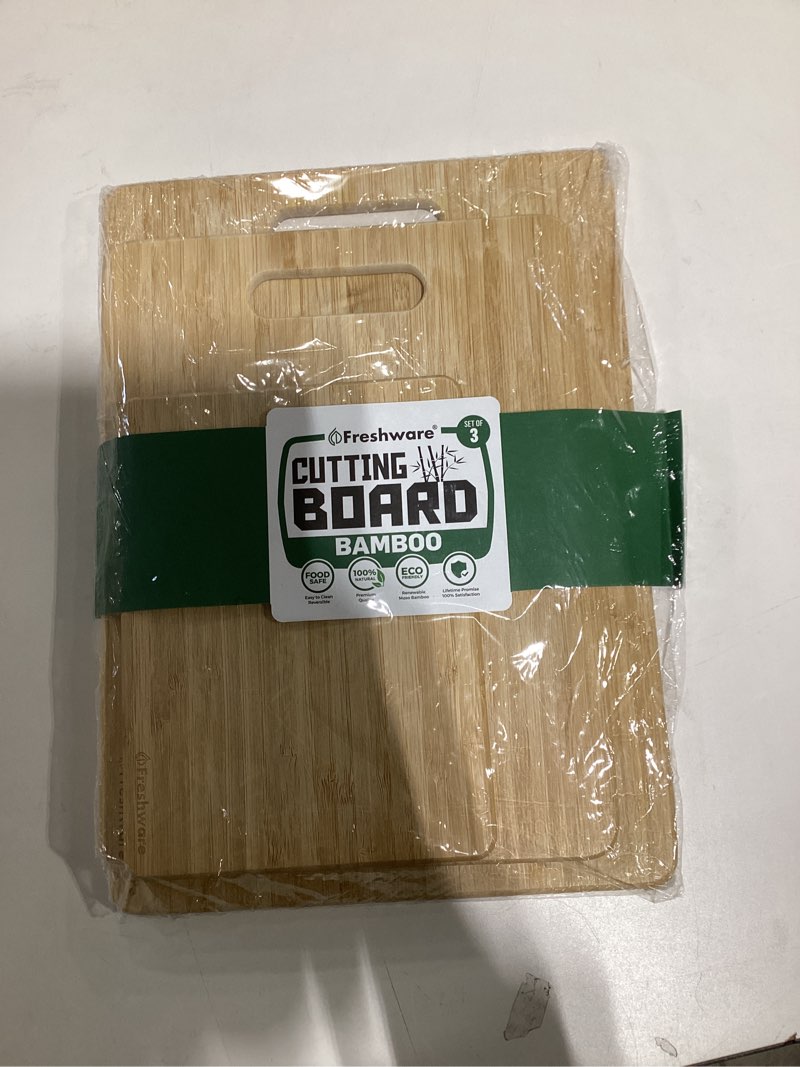 Condition photo showing Good Condition for freshware wood cutting boards for kitchen - bamboo cutting board set of 3, cutting boards with juice grooves, serving board set, chopping board for meat, veggie, easy grip handle (9x6", 12x8", 15x10") set of 3 (9x6, 12x8, 15x10 in)