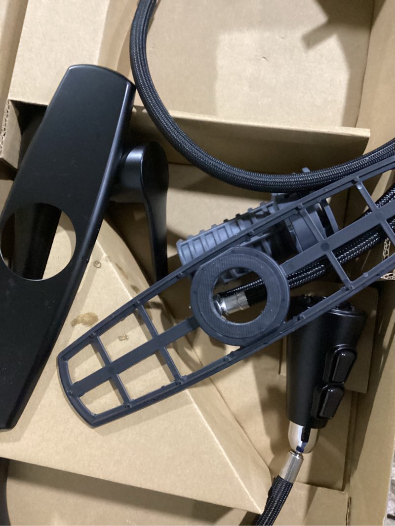 Condition photo showing As Is for project source ellesburg matte black single handle deck-mount pull-down kitchen faucet with sprayer