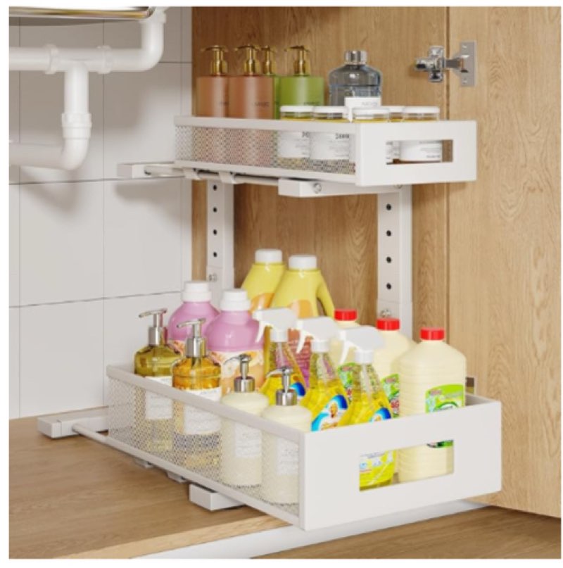 1 Pack-11.4"-16.14"H Under Sink Storage Organizer, Large 2-Tier Elegant Mesh Pull Out Shelf for Kitchen and Bathroom Cabinet Organization, L-Shaped and Adjustable Height Design for Maximum Space-Black 1 Pack-15.74"Dx11.4"-16.14"H Black