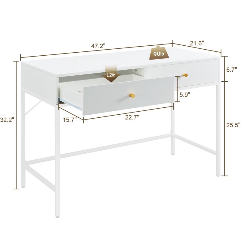 superjare vanity desk with drawers, 47 inch computer desk, modern simple home office desks, makeup dressing table for bedroom - white