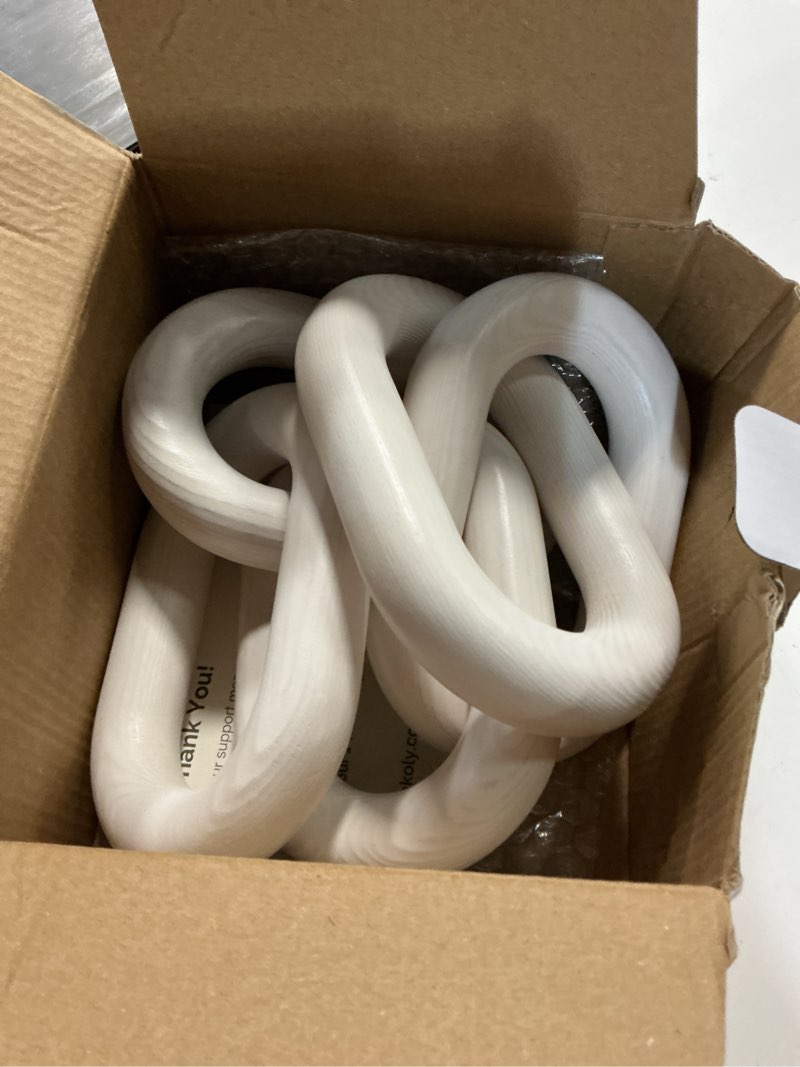 Condition photo showing Good Condition for peakoly wood chain link decor - white wooden decorative objects for shelves, coffee table sculpture, book shelf accessories, modern shelf decor accents, console or entryway table decorations whitewashed 5-link
