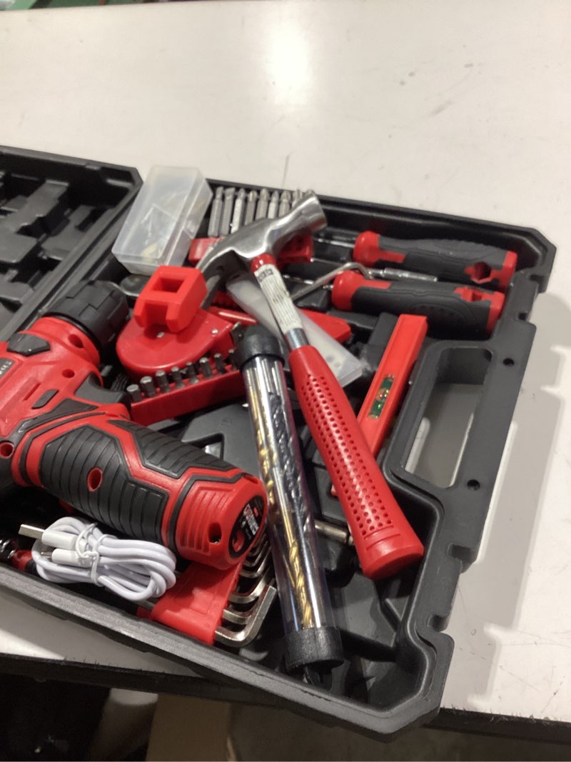 Condition photo showing As Is for tool set - 8v cordless drill set, 132 piece home tool set with hand drill, tool kit for women & men, perfect for homeowner, diyer, handyman red