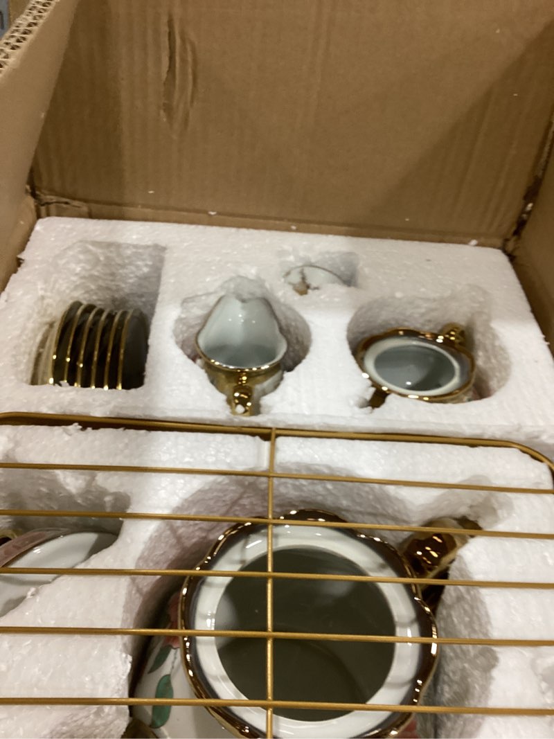 Condition photo showing Good Condition for 22 pcs porcelain tea set with metal holder, vintage european floral tea set for adults, 37oz teapot and cups service for 6, gift for mom women wedding bridal shower(white rose floral)