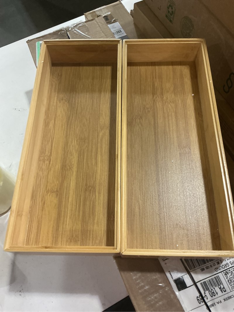 Condition photo showing Good Condition for BAMOTTO V-Shaped Bamboo Drawer Organizer Set of 2 Kitchen Large and Long Utensil Plate, Flatware&Silverware Storage Box, Wood Organizer for Bedroom, Bathroom, Living Room