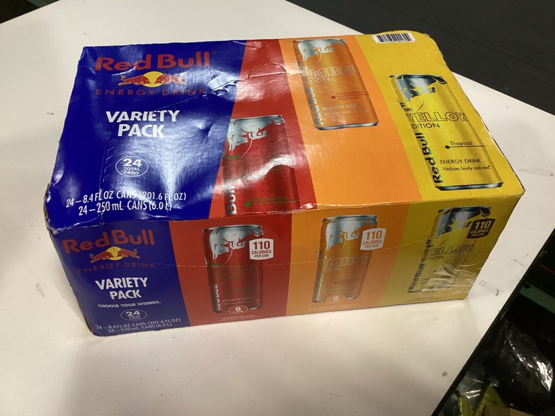 Condition photo showing New/Like New for Red Bull Energy Drink Variety Pack, Red Bull Red, Yellow, and Amber Edition and Energy Drinks, 8.4 Fl Oz, 24 pack Cans Variety 8.4 oz., 24pk, (1x24)