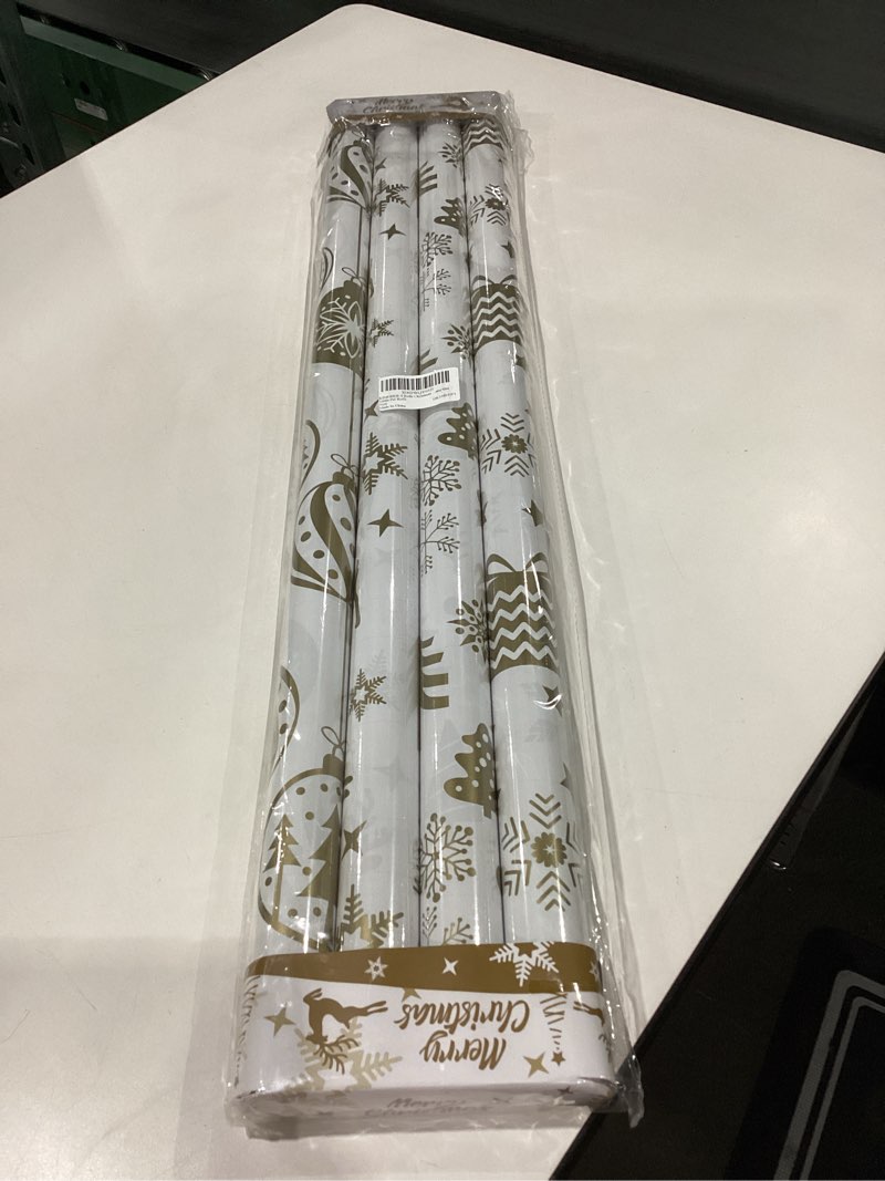 Condition photo showing New/Like New for KIMOBER 4 Rolls Christmas Wrapping Paper with Cut Lines on Reverse,Coated Paper with Golden Christmas Elements(30in × 144in Per Roll) Matt Gold Roll