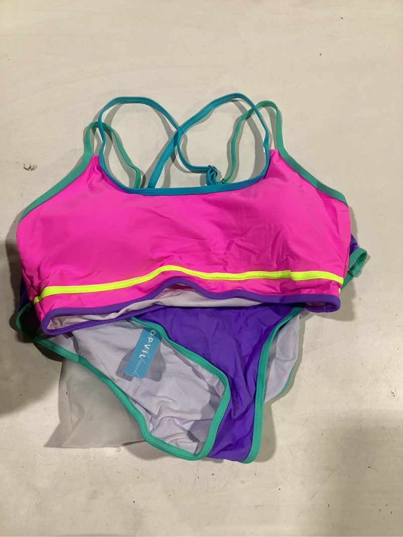 Condition photo showing Good Condition for popvil women's high waisted bikini sets neon two piece 2026 swimsuit sporty adjustable straps bathing suit. size large.