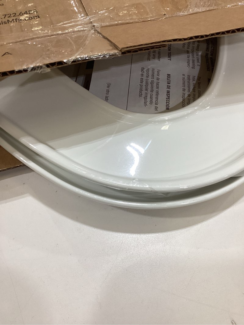 Condition photo showing As Is for Mayfair Little2Big? Elongated Plastic Toilet Seat in White with STA-TITE? Seat Fastening System? and Whisper•Close? Hinge