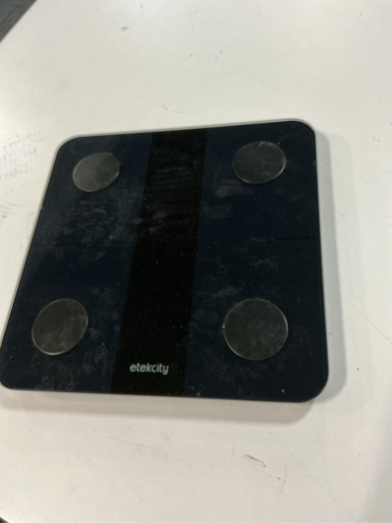 Condition photo showing As Is for etekcity rechargeable smart scale for body weight, digital bathroom scale with bmi, body fat, muscle mass, accurate weighing machine for people sync with smartphone app, 400lb carbon black 11.8 x 11.8 inches