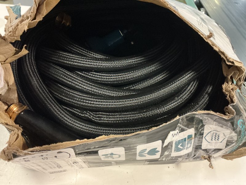 Condition photo showing As Is for garden hose 100ft non-expanding, lightweight hose with 10-function nozzle, leak-proof no-knot, easy to carry, wear-resistant, sturdy 3/4ght flexible water hose for outdoor (black with nozzle)