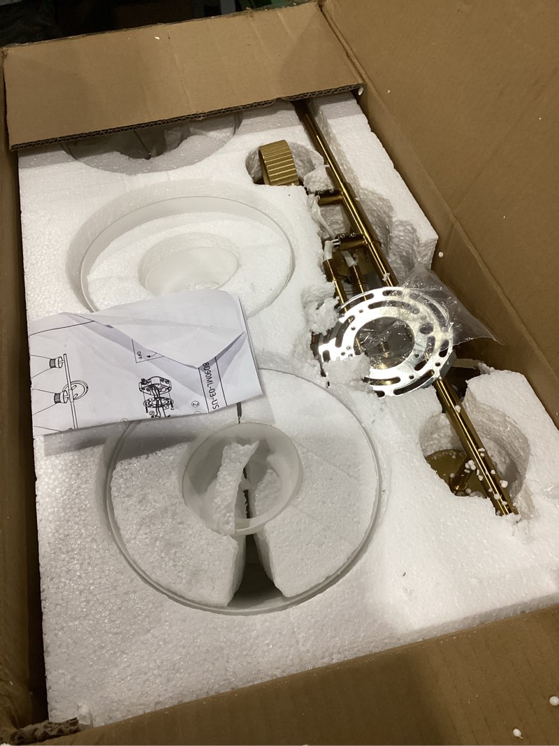 Condition photo showing As Is for WOSHITU Bathroom Vanity Light Fixtures: 3-Lights Mid Century Modern Vanity Lights for Bathroom Over Mirror, Brushed Gold Wall Sconce Lighting with Frosted Milky Glass Shade for Bath Living Room Gold 3-Light