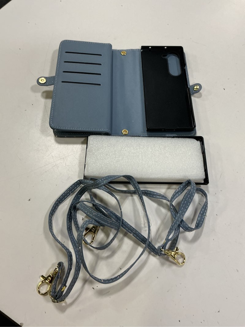 Condition photo showing Good Condition for phone case for samsung galaxy z fold 6 5g 2024 zipper wallet detachable cell cover with crossbody lanyard strap bling glitter flip card holder slot zfold6 z6 g fold6 6z women men girls light blue light blue for z fold 6