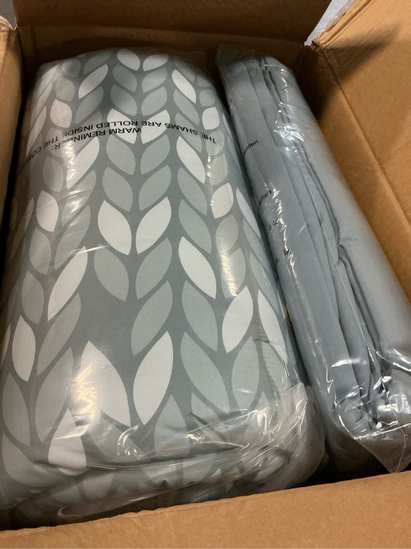 Condition photo showing Good Condition for amazon basics full/queen comforter set with herringbone sheets, 7-piece gray leaf bedding, lightweight microfiber bed-in-a-bag 1-pack full/queen gray leaf