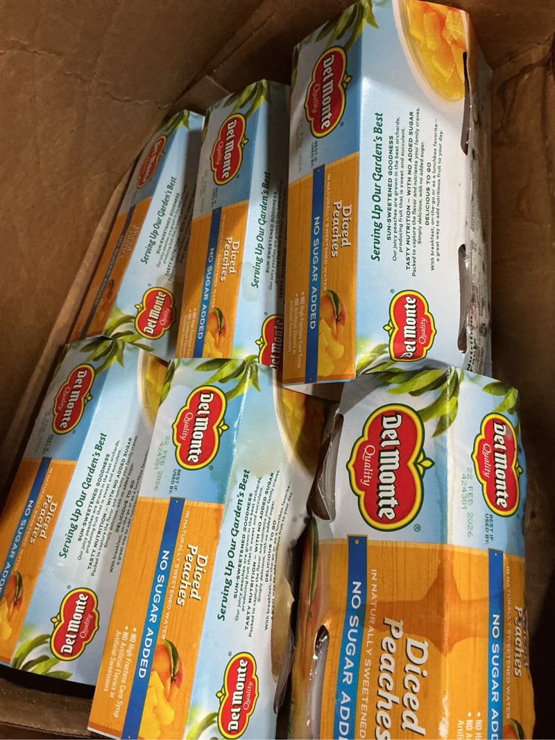 Condition photo showing New/Like New for Best by /22/feb/2026)Del Monte No Sugar Added Diced Peaches, 3.75 Ounce Cup -- 6 Per Case