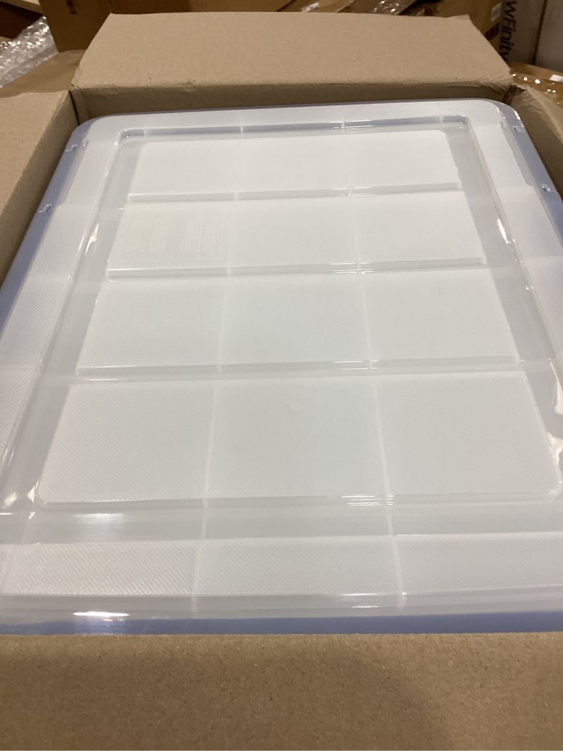 Condition photo showing Good Condition for iris usa weatherpro 27 qt storage bins with lids, 3 pack, bpa-free plastic gasket box with tight latch and seal, stackable nestable tote tub - clear/blue 27 qt. - 3 pack